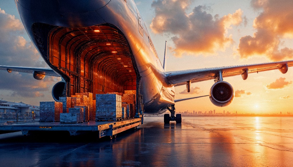 Cargo freighter with nose door open — loading pallets at sunset