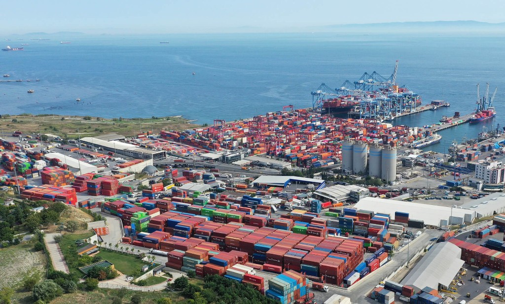 Aerial view of Ambarlı container port Istanbul with stacked containers, cranes and ships