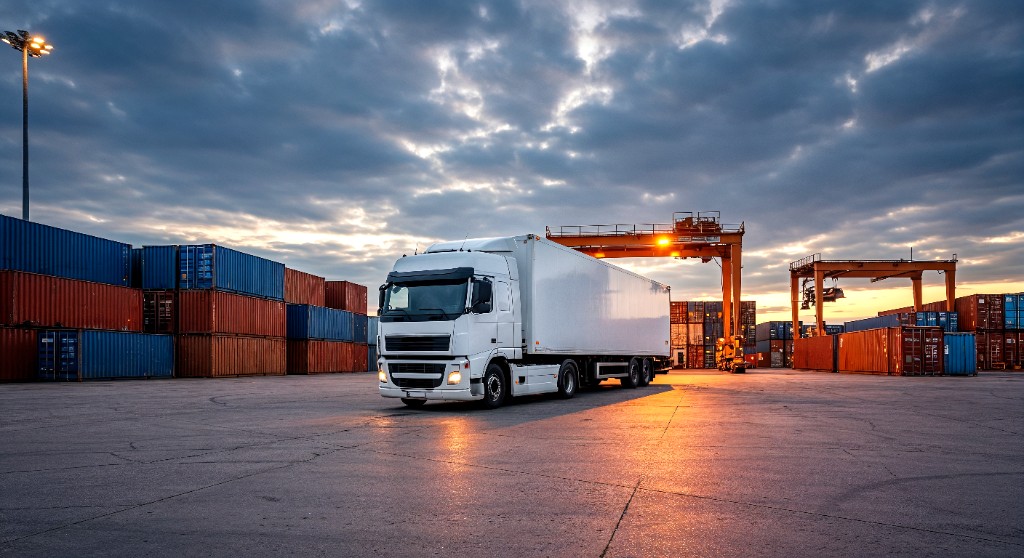 White semi-truck at a container terminal at dusk — full truck load road freight