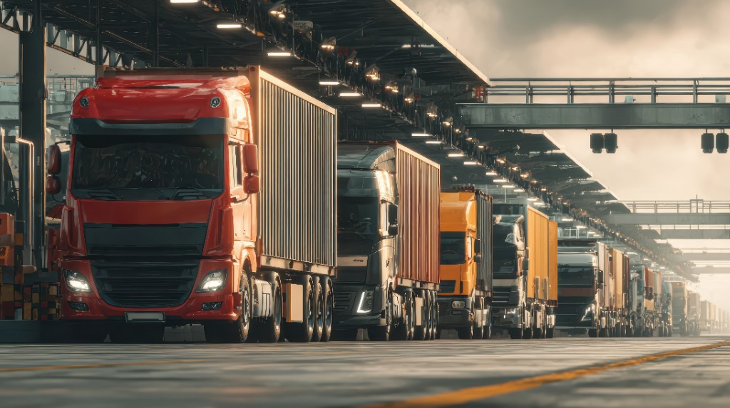 Line of semi-trucks at an industrial hub for cross-border road freight